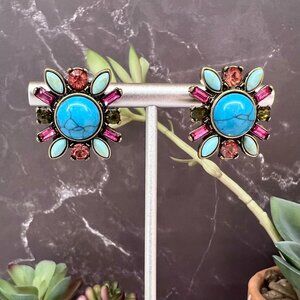 "Kim" NEW Multicolor Turquoise Gold Boho Glam Stud Statement Fashion Earrings
